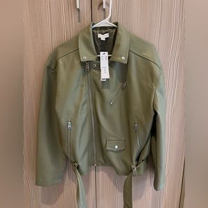 Topshop faux leather oversized biker jacket in sage